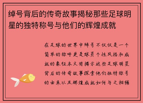 绰号背后的传奇故事揭秘那些足球明星的独特称号与他们的辉煌成就